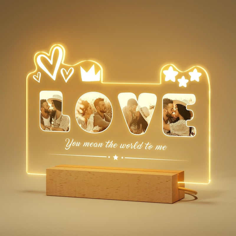 Bemaystar Custom LOVE Photo Collage Plaque - Personalized Picture Frame with Optional LED Base - Anniversary Valentine's Day Gifts for Him Her Boyfriend Girlfriend Couple Birthday - Image 1